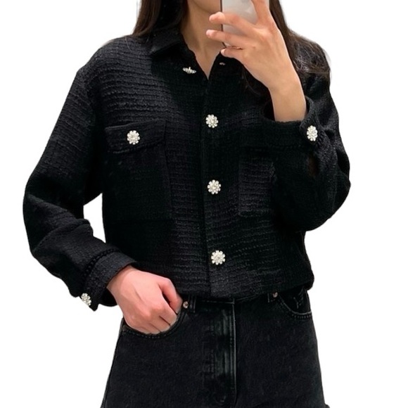 Zara Jackets & Blazers - Zara Cropped Boxy Textured Tweed Look Jacket Shacket Rhinestone Jewel Buttons